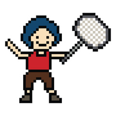 Obraz premium Cute cartoon pixel character cute man exercise training play badminton tennis lifestyle decoration life style 8 bit male boy game badminton 8bit fitness isolated PNG vector.