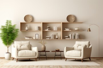 Interior design of a minimalist and cozy living room with two armchairs, wooden shelves, decorations, and a houseplant