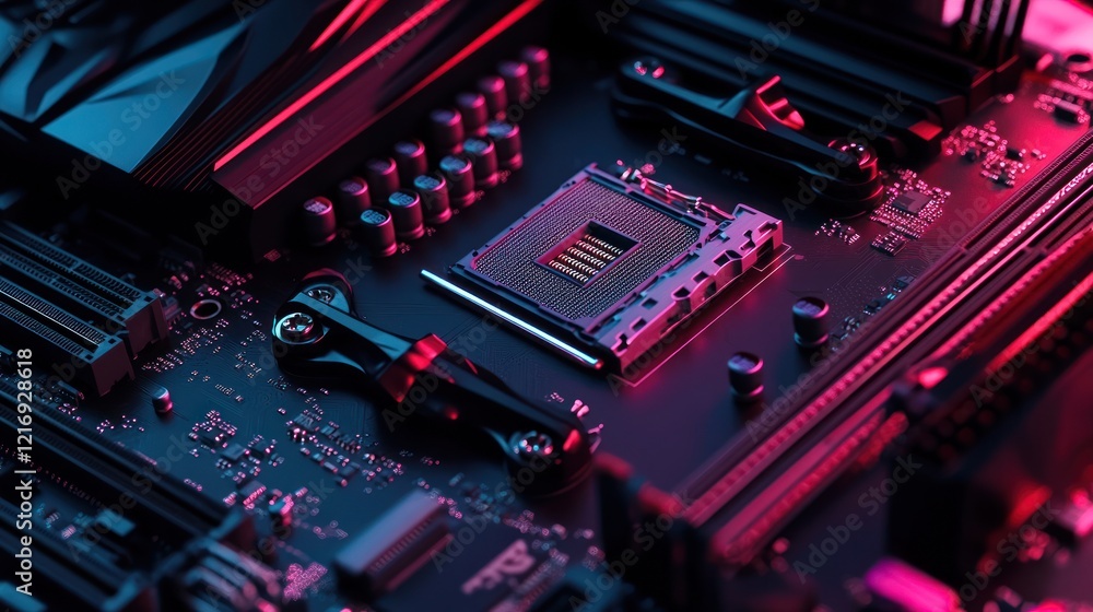 Poster close-up view of a computer motherboard with neon lighting, showcasing intricate circuitry and compo