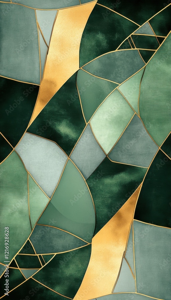 Poster colorful geometric design with shades of green and gold creating an abstract mosaic pattern suitable