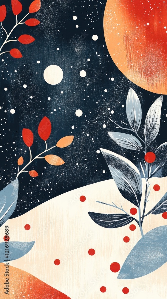 Aufkleber colorful abstract illustration of celestial elements with plants and patterns on a dark background c