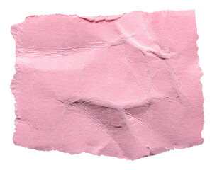 Obraz premium Pink crumpled wrinkled torn piece of blank paper note cardboard with texture and copy space, close up transparent png background isolated cut out design element