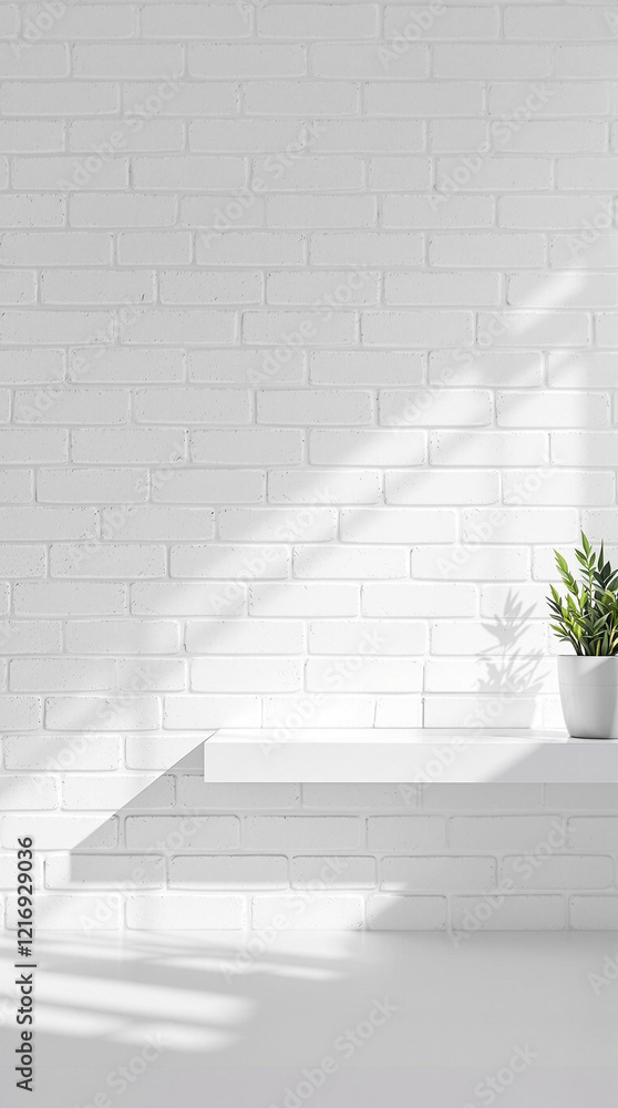 Poster a minimalist white shelf mounted on a white brick wall, bathed in soft natural light. a small potted