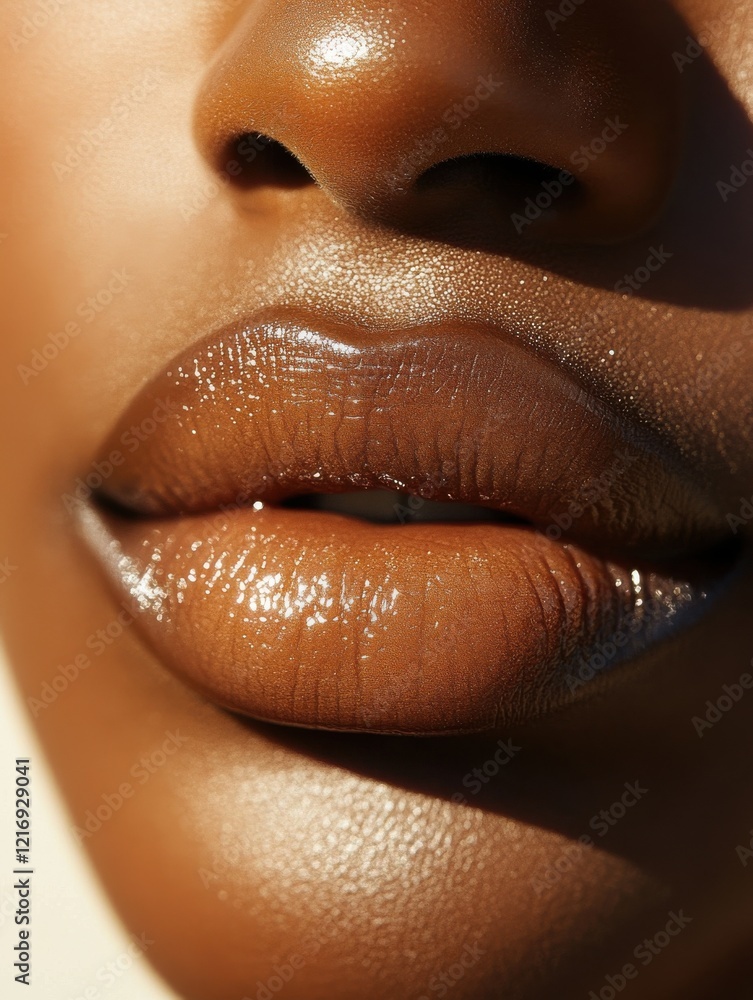Poster close-up view of smooth lips with a natural glossy finish in warm sunlight highlighting soft feature