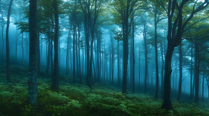 Fototapeta premium Misty Forest Hillside, Nature Scene, Wallpaper