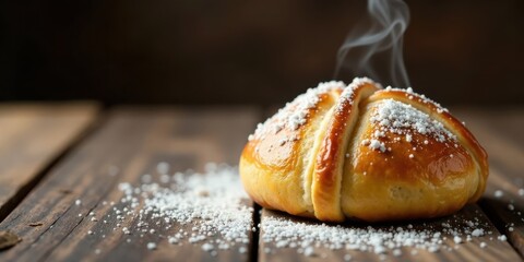 Warm, golden-brown baked good, dusted with powdered sugar, sits on rustic wooden surface, emitting a gentle steam.