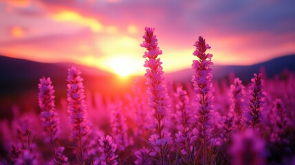 Beautiful Colorful Meadow of Wild Flowers During Sunset with Vibrant Pink and Purple Blossoms Against a Scenic Landscape Background