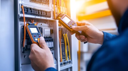 Technician using multimeters to troubleshoot electrical panel in a modern industrial setting