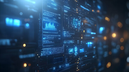 Fototapeta premium Futuristic data wall, server room, glowing, analysis