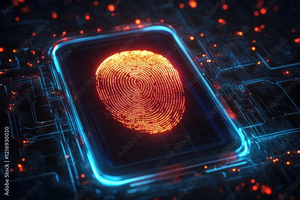 Poster digital biometric identification system with fingerprint recognition on a futuristic circuit backgro