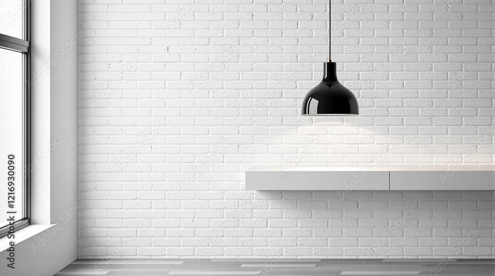 Poster a sleek and modern kitchen space featuring a white tiled wall and a floating white countertop. a bla