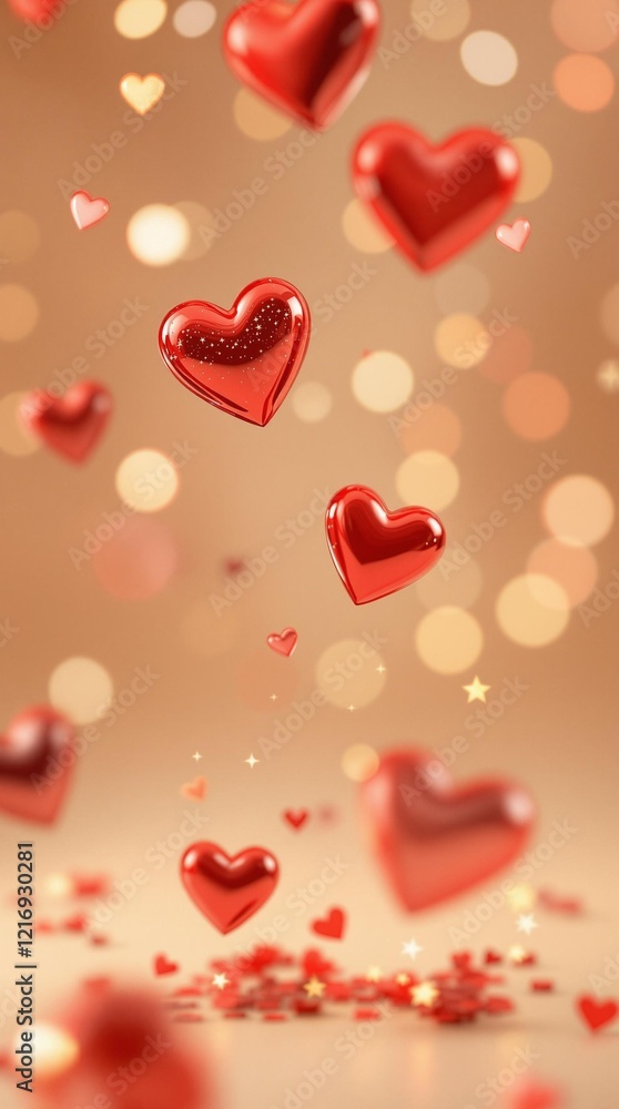 Poster numerous glossy red hearts float against a warm-toned background with blurred bokeh lights, creating