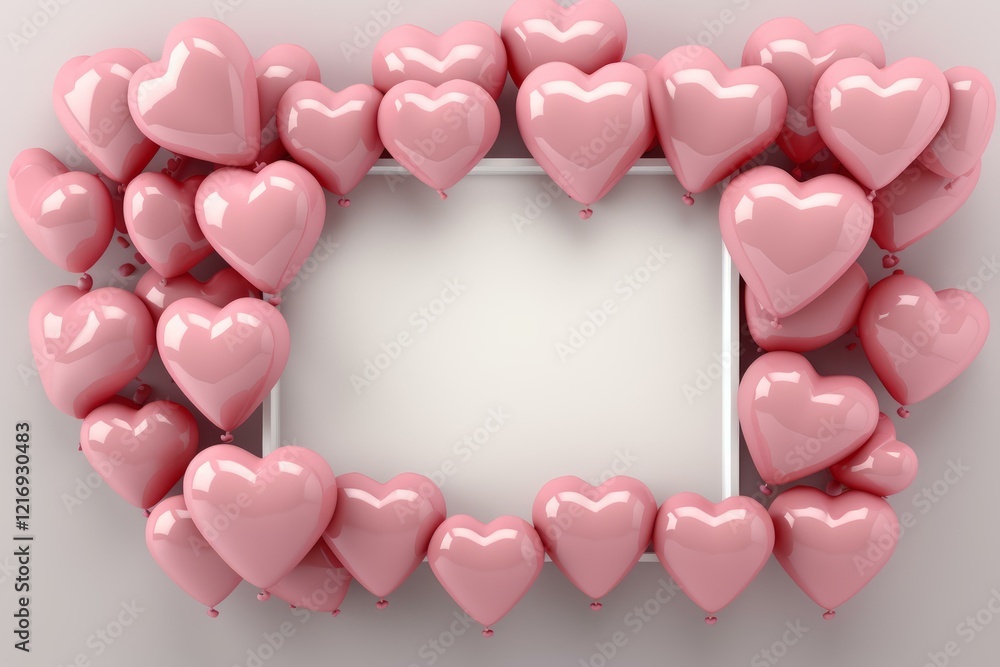 Poster pink heart shaped balloons floating around a white empty frame on a pink background create a romanti
