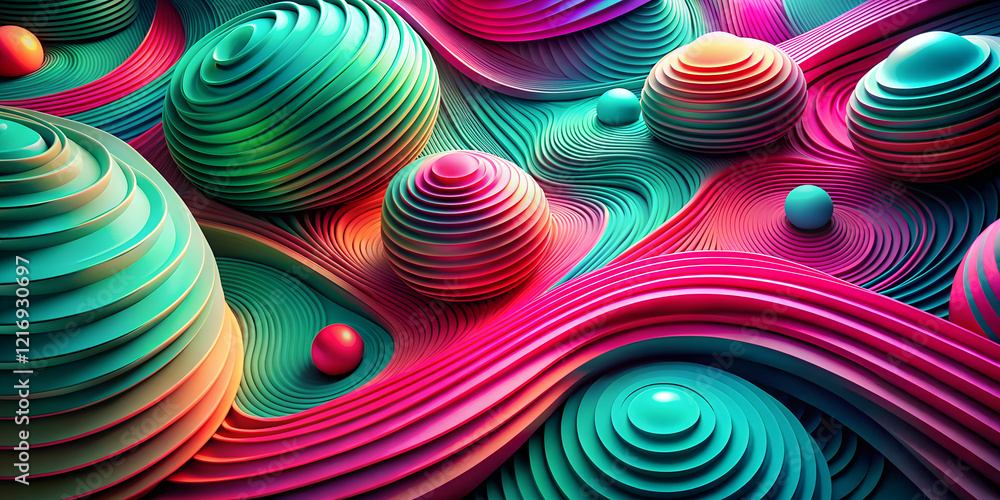 Poster colorful abstract patterns with layered spheres and fluid shapes creating a vibrant wallpaper effect