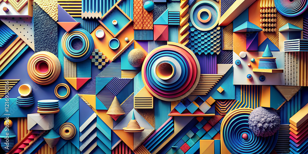 Poster colorful abstract layers showcasing intricate patterns and geometric shapes in a vibrant wallpaper s