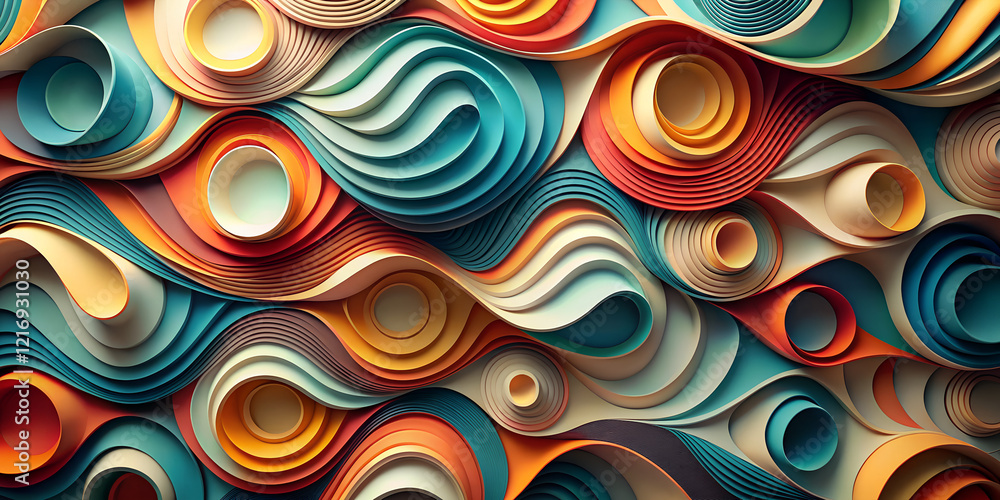 Poster abstract patterns with layered waves and circles in vibrant colors create an eye-catching wallpaper 