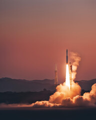 premium, AI-image, space, shuttle, launch, cloudy, sky, sunset, rocket, takeoff, spacecraft, mission, space-travel, exploration, atmospheric, dramatic, vibrant, futuristic, technology, clouds, orange,