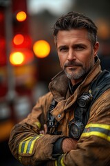 Obraz premium A firefighter standing by their vehicle, ready to respond to an emergency