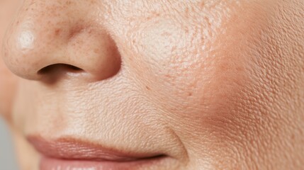 Close-up of a woman's face highlighting skin texture issues such as enlarged pores, wrinkles, and freckles, emphasizing the effects of aging and the need for skincare