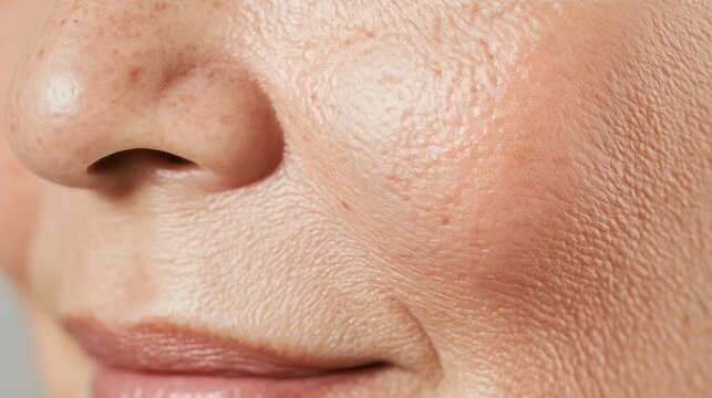 Close-up of a woman's face highlighting skin texture issues such as enlarged pores, wrinkles, and freckles, emphasizing the effects of aging and the need for skincare
