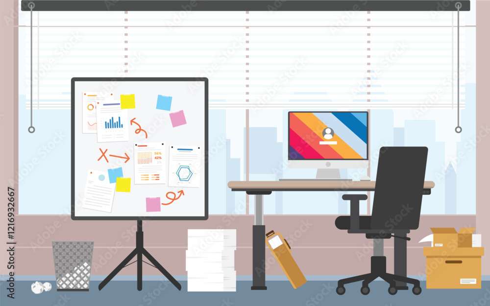 Poster working room with white board data and paper document pin on board, working space with computer, off