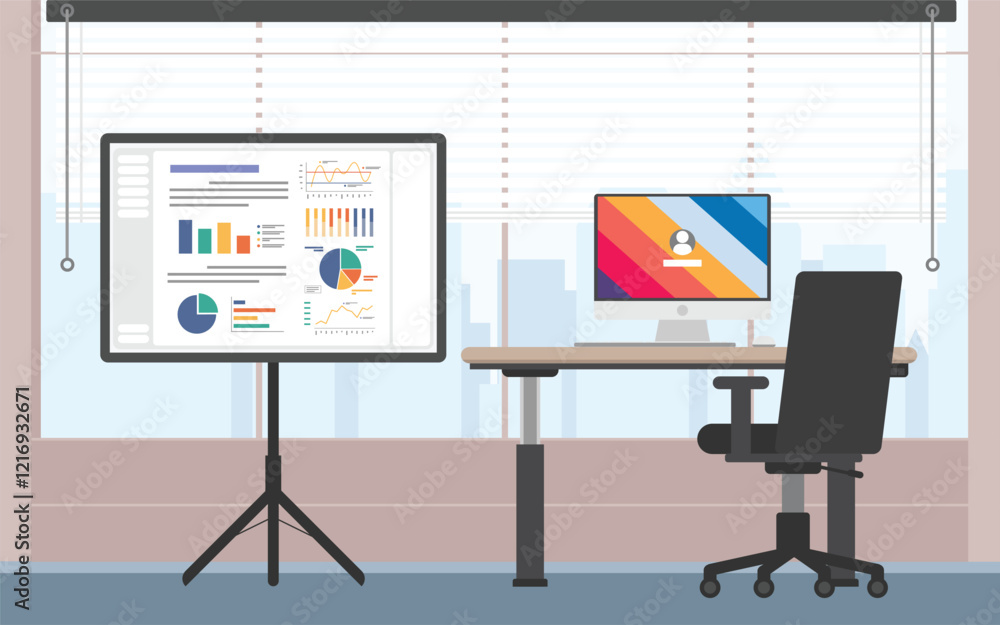 Poster business working roon with a projector showing business data, digital lcd projector screen interacti