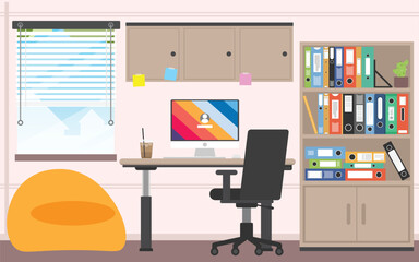 Workplace room with no people, Work from home with computer, Remote Work, Modern workspace room with cabinet.