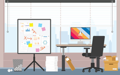 Working room with white board data and paper document pin on board, Working space with computer, Office Desk.