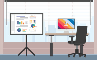 Business working roon with a projector showing business data, Digital LCD projector screen interactive white board on working place with computer.