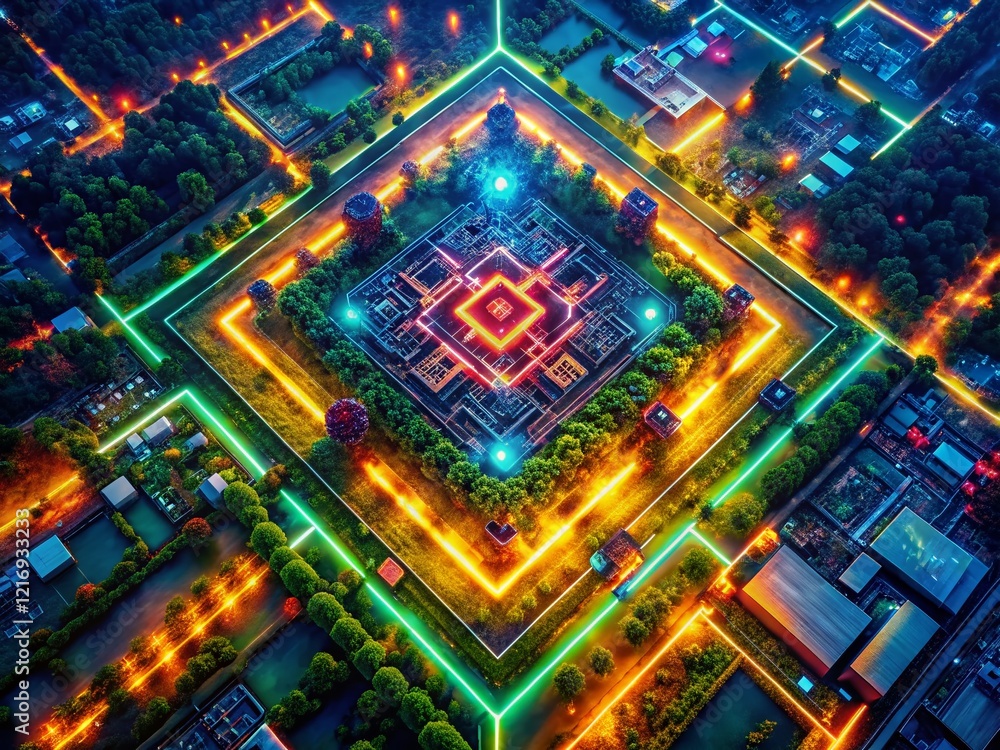 Poster futuristic ai circuit pattern drone aerial view - abstract technology background