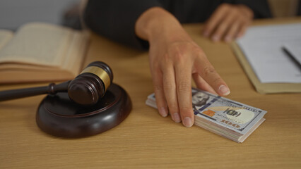Man reaching for us dollars in an office with a gavel on the desk, depicting a legal setting with...
