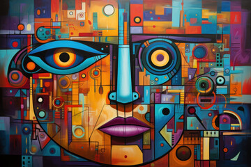 A vibrant cubism-style painting of a robotic face, composed of overlapping triangles, circles, and squares in vivid colors like teal, orange, and purple, with glowing eyes and metallic textures