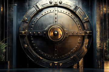 Naklejka premium An old bank vault that's closed looking at the vault door directly ahead