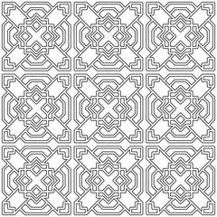 Symmetrical black line art creates a seamless geometric pattern on a white background. Ideal for coloring books, artistic designs, or backgrounds.