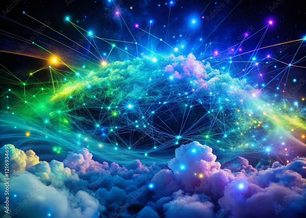 Poster futuristic cloud computing network: data flow and servers in abstract digital space