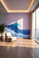 Serene Coastal Living Room Decor Ocean Wave Mural, Light Hardwood Floor, and Modern Chair
