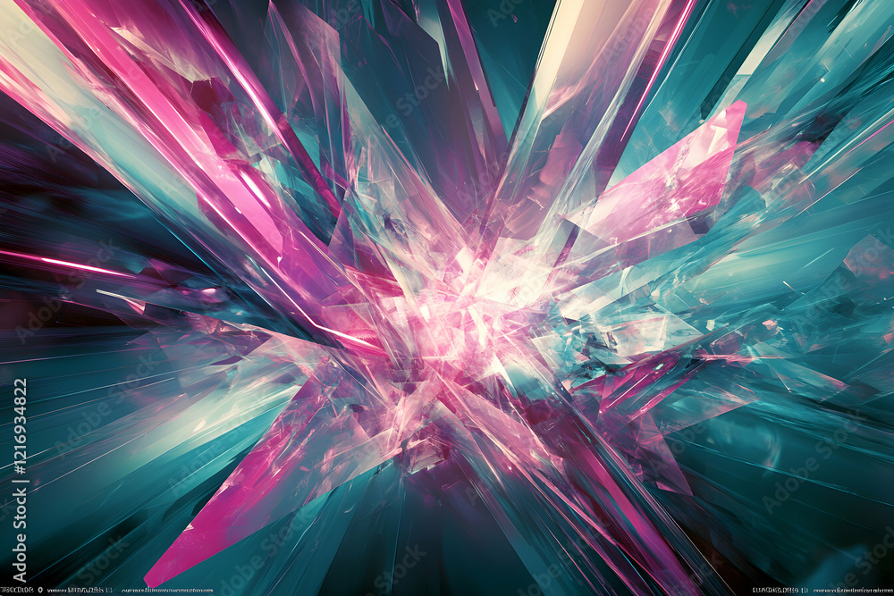 Poster abstract fractal art depicting vibrant teal, pink, and purple crystal shards exploding from a centra