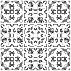 Symmetrical black line art creates a seamless geometric pattern on a white background. Ideal for coloring books, artistic designs, or backgrounds.