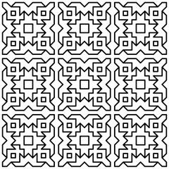 Symmetrical black line art creates a seamless geometric pattern on a white background. Ideal for coloring books, artistic designs, or backgrounds.