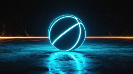 A glowing basketball on a reflective surface, illuminated against a dark background.