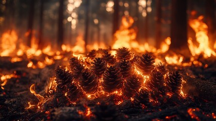 A collection of pine cones surrounded by trees in a dense forest