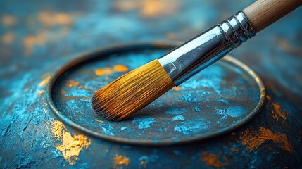 Artist's brush on blue gold paint, close-up