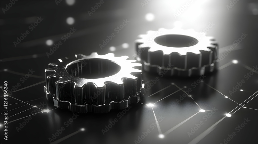 Poster close-up of two metallic gears on a dark background with connecting lines, symbolizing teamwork, inn