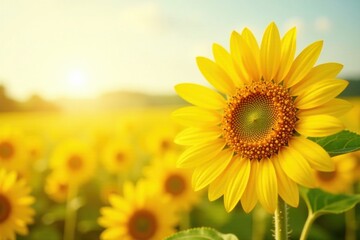 A Vibrant Sunflower in a Golden Field at Sunset, Basking in the Warmth of the Evening Light