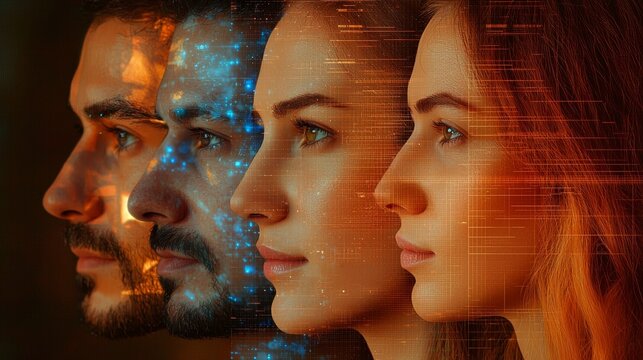 Four diverse faces are depicted in a side profile, with digital effects and glowing patterns, symbolizing technology and human connection.