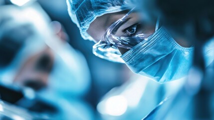 A close-up of a surgical team in action with focused expressions and high-tech equipment in an operating room, Intense style, photo of