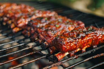 Barbecue pork baby back ribs cooking slowly on a hot grill with smoke