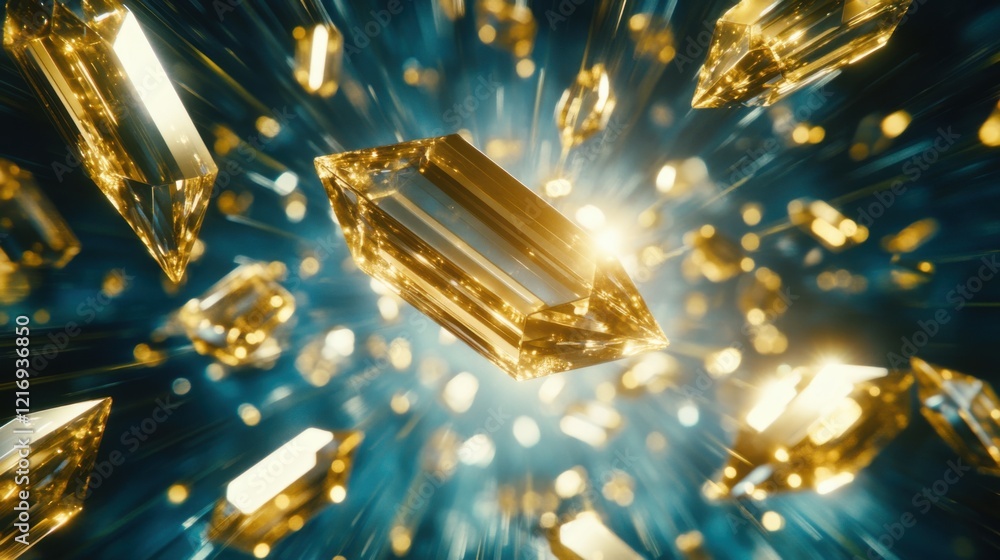 Poster a glimmering explosion of golden crystals in bright light, creating a magical atmosphere with radian