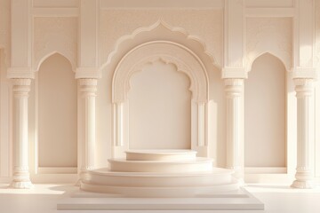 Naklejka premium Create a minimalist Indian festive-themed background featuring a central one step podium in white and cream shades .