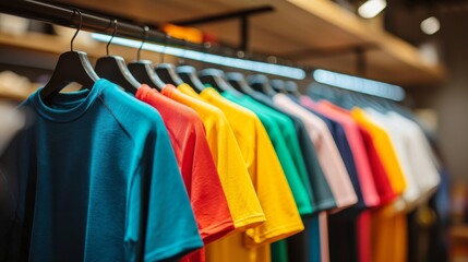 Obraz premium A vibrant display of colorful t-shirts hanging on a rack, showcasing various hues in a retail environment.